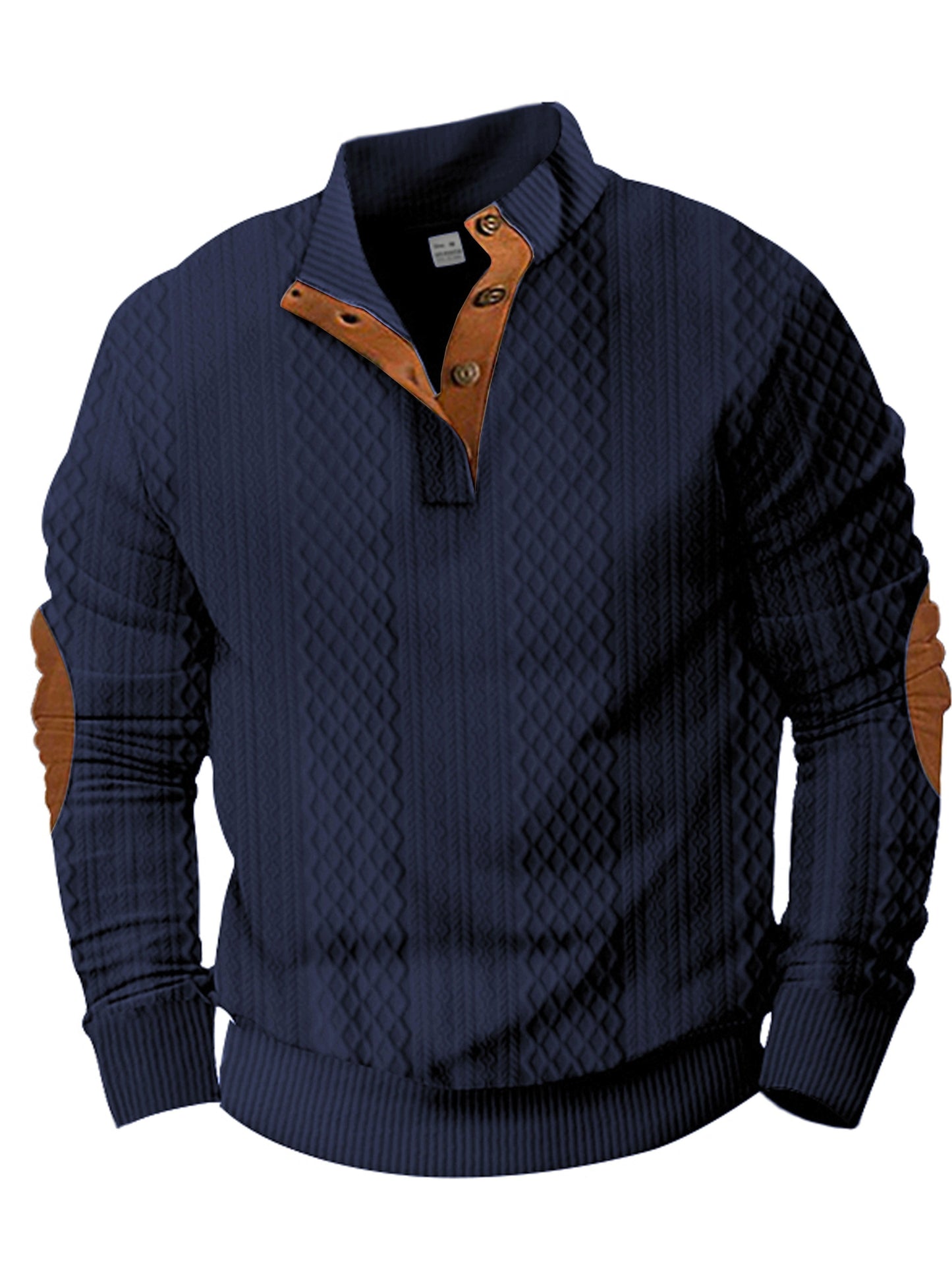Men's Casual Sporty Diamond - Patterned Knit Jacquard Hoodie with Button Details - Stand - Up Collar, Long Sleeves, Stretch Fabric, Grey with Orange Accents