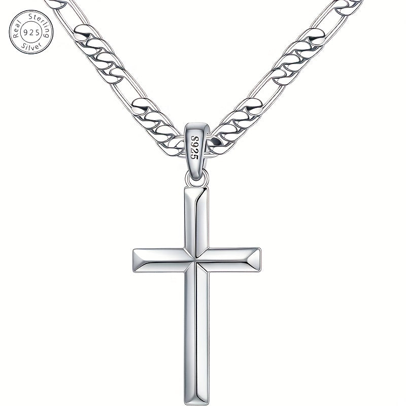 925 Sterling Silver Cross Necklace - Figaro Chain, Suitable for Men & Women, Ideal for Anniversaries, Birthdays, Holidays - Includes Gift Box