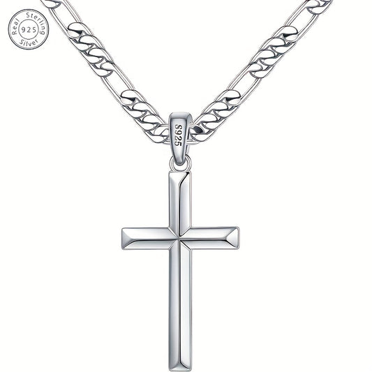 925 Sterling Silver Cross Necklace - Figaro Chain, Suitable for Men & Women, Ideal for Anniversaries, Birthdays, Holidays - Includes Gift Box
