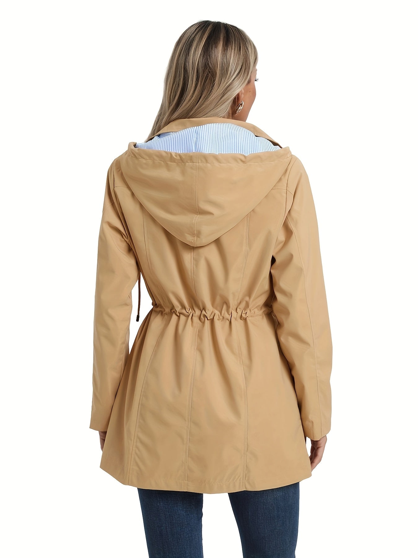 Women's Elegant High Quality Windbreaker Raincoat with Hood - High Elasticity Mid-Length Long Sleeve Jacket, Beige Trench Coat for Spring/Fall Outdoor Commute & Casual Outings, Spring Fall Jacket | Elegant Raincoat | High Qua