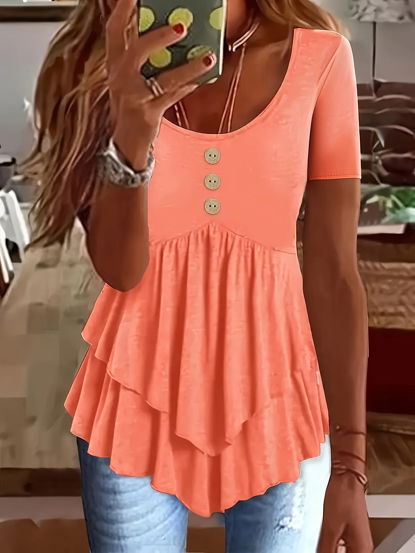 Women's Casual Short Sleeve Crew Neck T-Shirt Solid Color Button Front Flare Top Summer Blouse with Ruffles