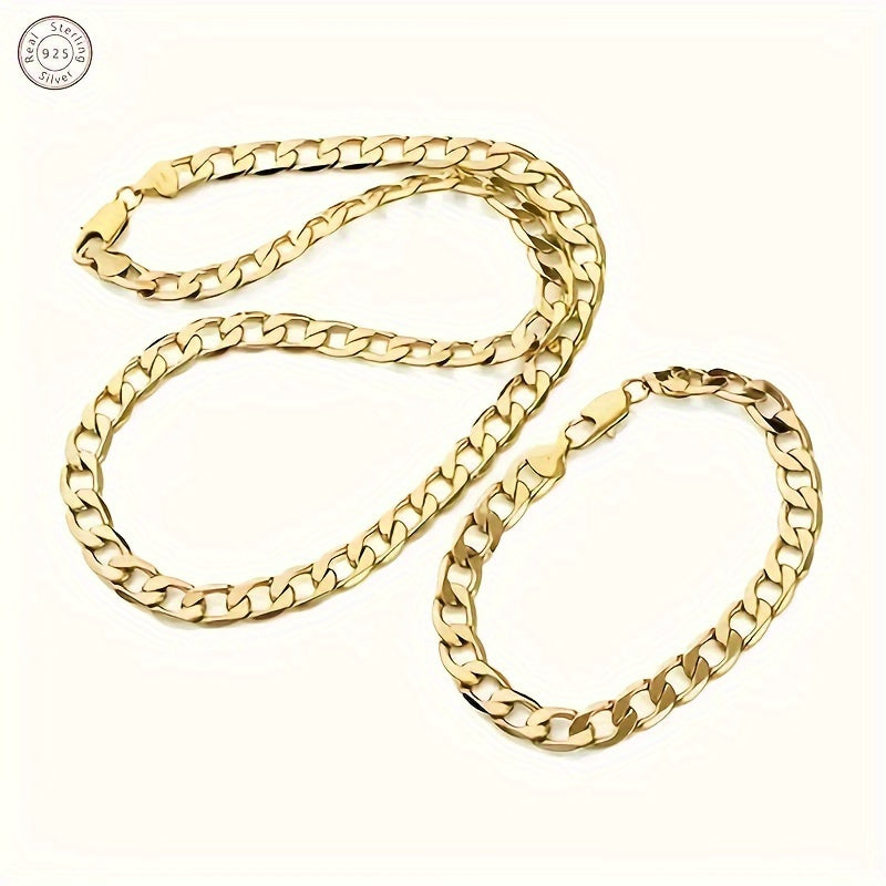 1 Set 925 Sterling Silvery Cuban Link Chain Necklace and Bracelet, Street Style Jewelry for Men, Ideal for Anniversaries, Birthdays, Holidays, Christmas Gift