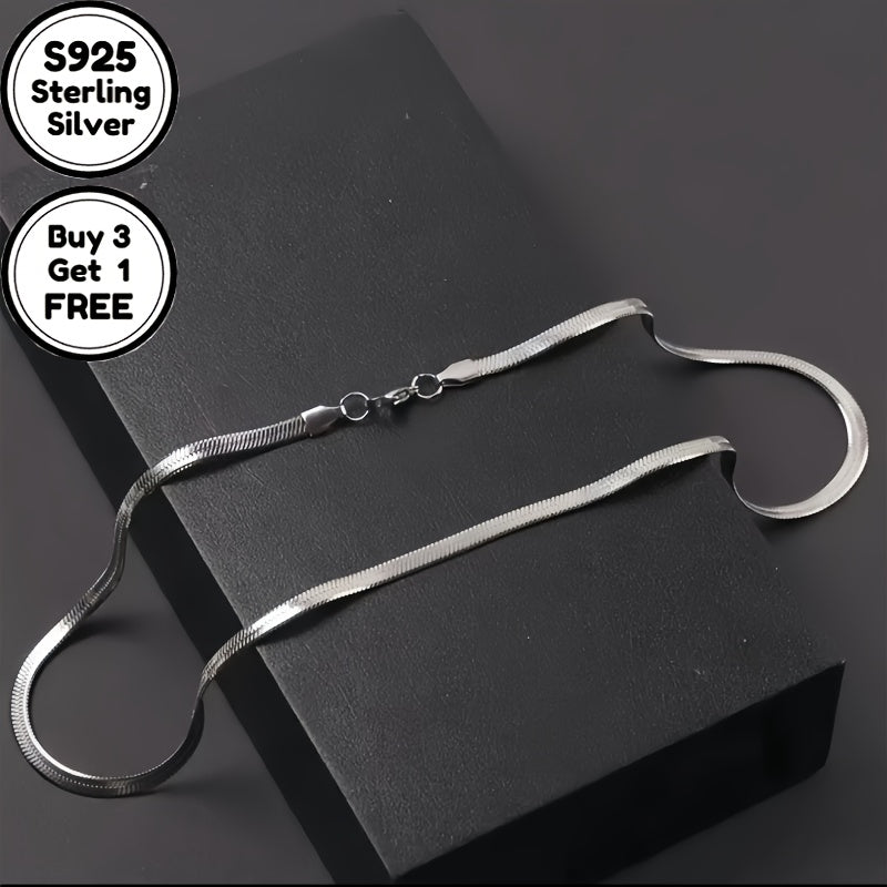 Italy S925 Sterling Silvery 4mm Flat Snake Bone Chain Necklace, Suitable for Men's and Women's Necklaces