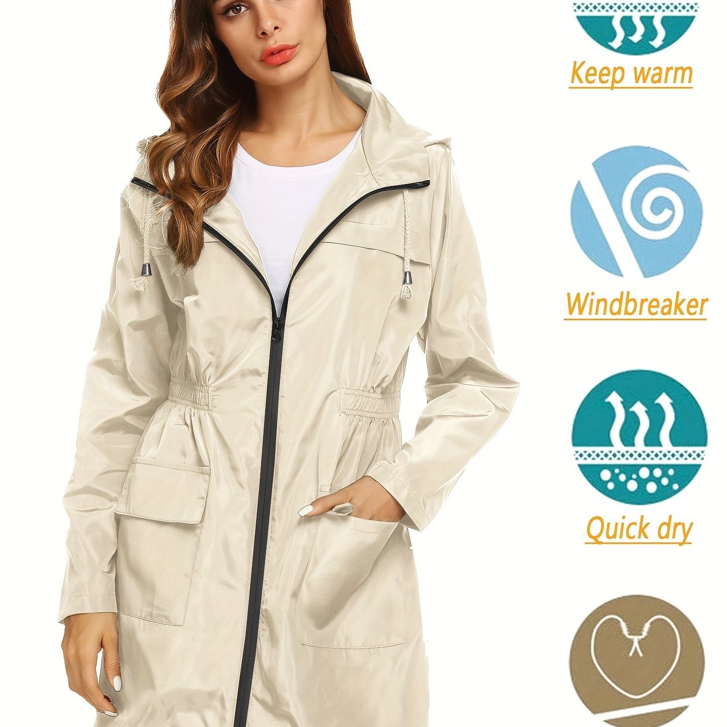 Women's Windproof High Quality Lightweight Hooded Rain Jacket - Adjustable Drawstring Hem & Cuffs, All-Season Casual Outdoor Coat for Hiking, Travel, Daily Commute (Solid Color), Travel Rainwear | Full Length Raincoat | Sleek