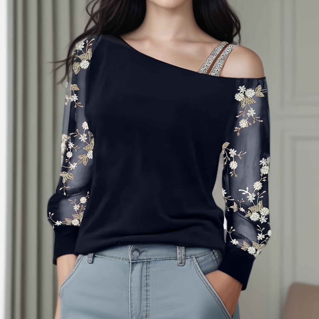 Elegant Off-Shoulder Embroidered Long Sleeve T-Shirt for Women