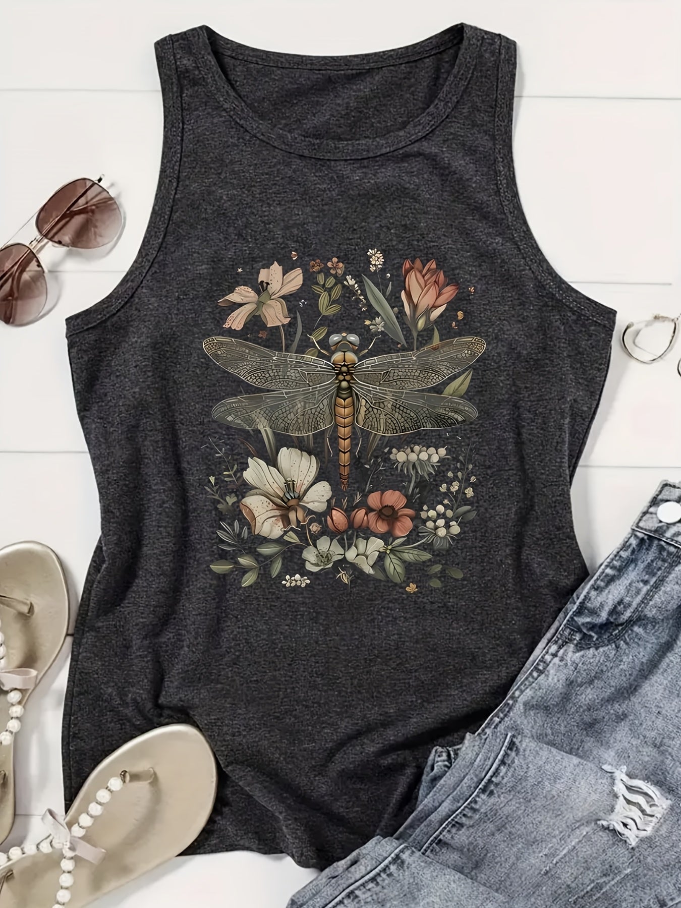 Monogram-Printed Casual Tank Top Crew Neck Sleeveless Top