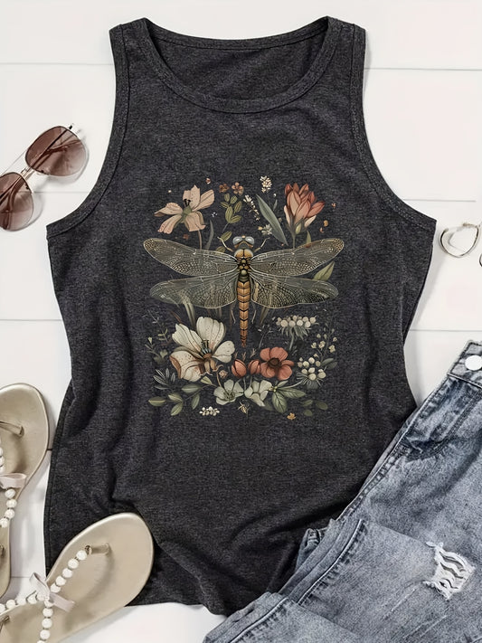 Monogram-Printed Casual Tank Top Crew Neck Sleeveless Top