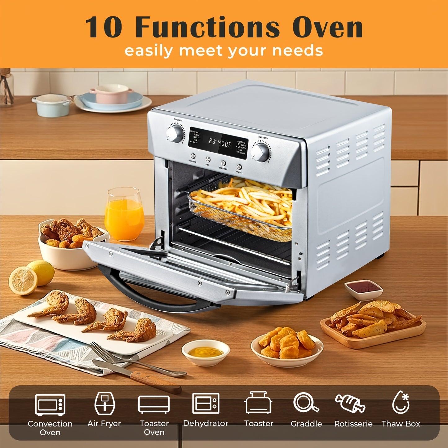 24QT Air Fryer Oven by Cusimax, 10-in-1 Function Selection with One Click, Equipped with Rotisserie Setting, Free Control of Time and Temperature
