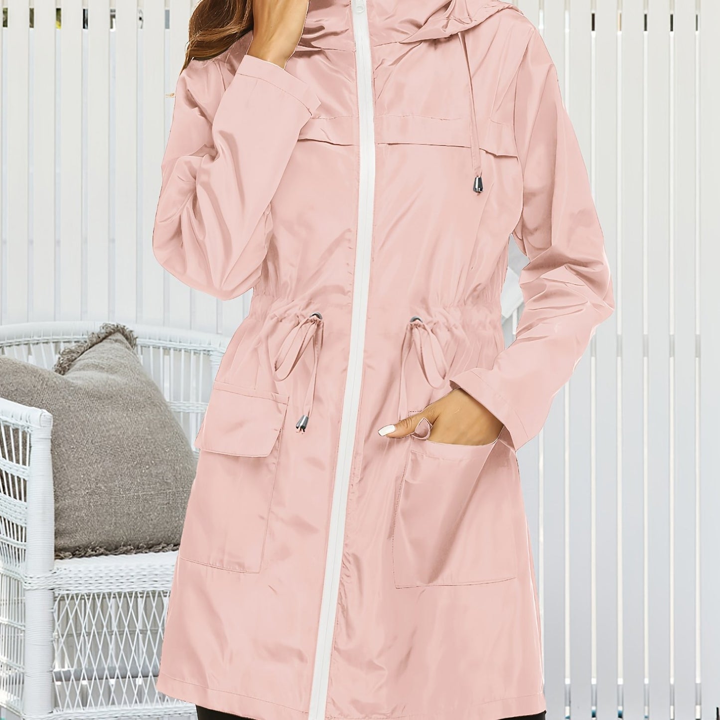 Women's High Quality Lightweight Hooded Raincoat Jacket Navy Blue Full Length Outdoor Sports Coat with Zippered Pockets Adjustable Drawstrings and Elastic Cuffs Machine Washable All Season Wear