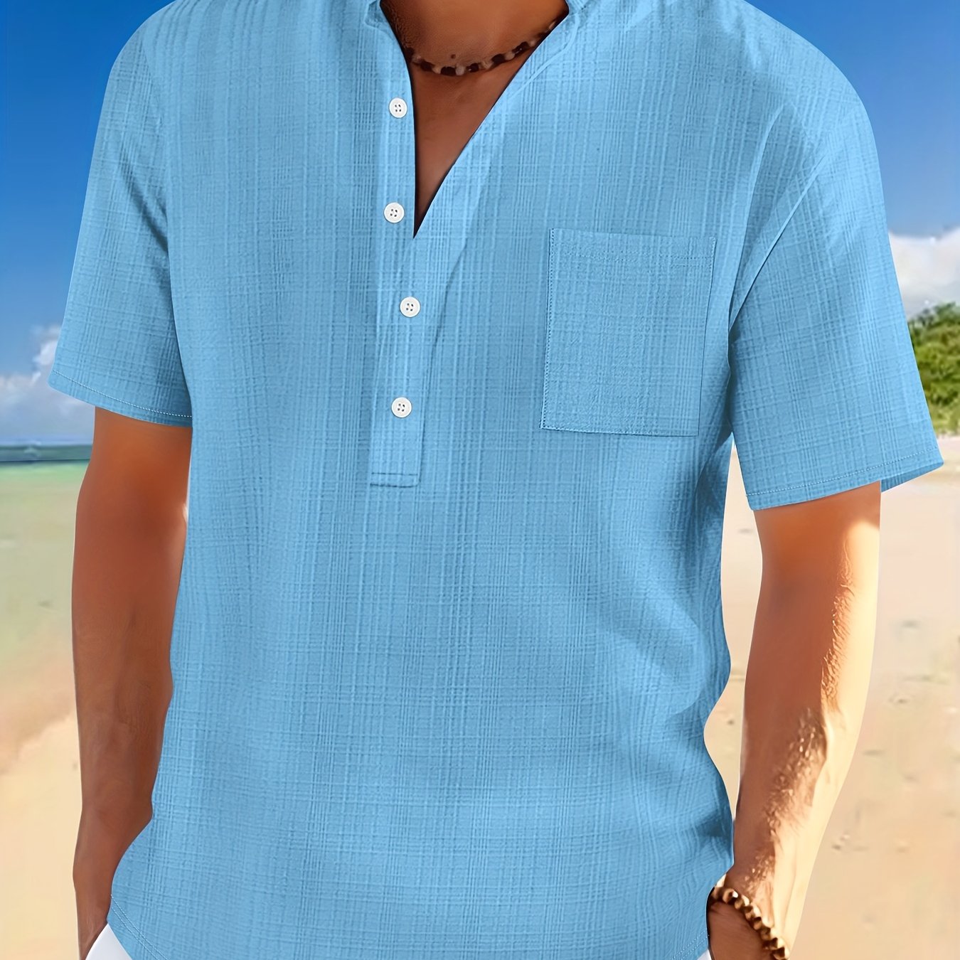 Men'S Solid Color Short-Sleeve Shirt with a Casual Pocket, Perfect for Summer.