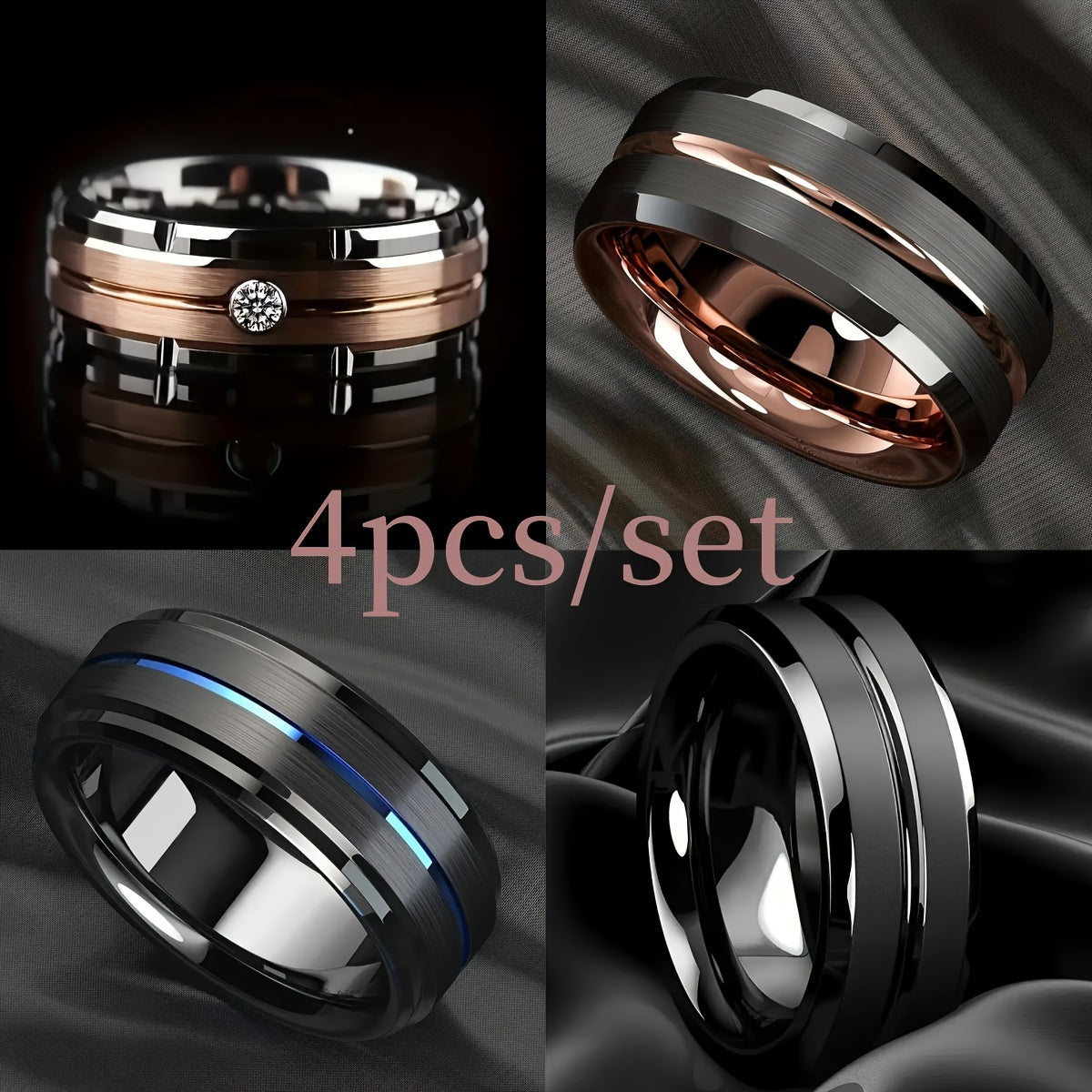 TENGSURE 4pcs Titanium Stainless Steel Ring Set Unisex Commemorative