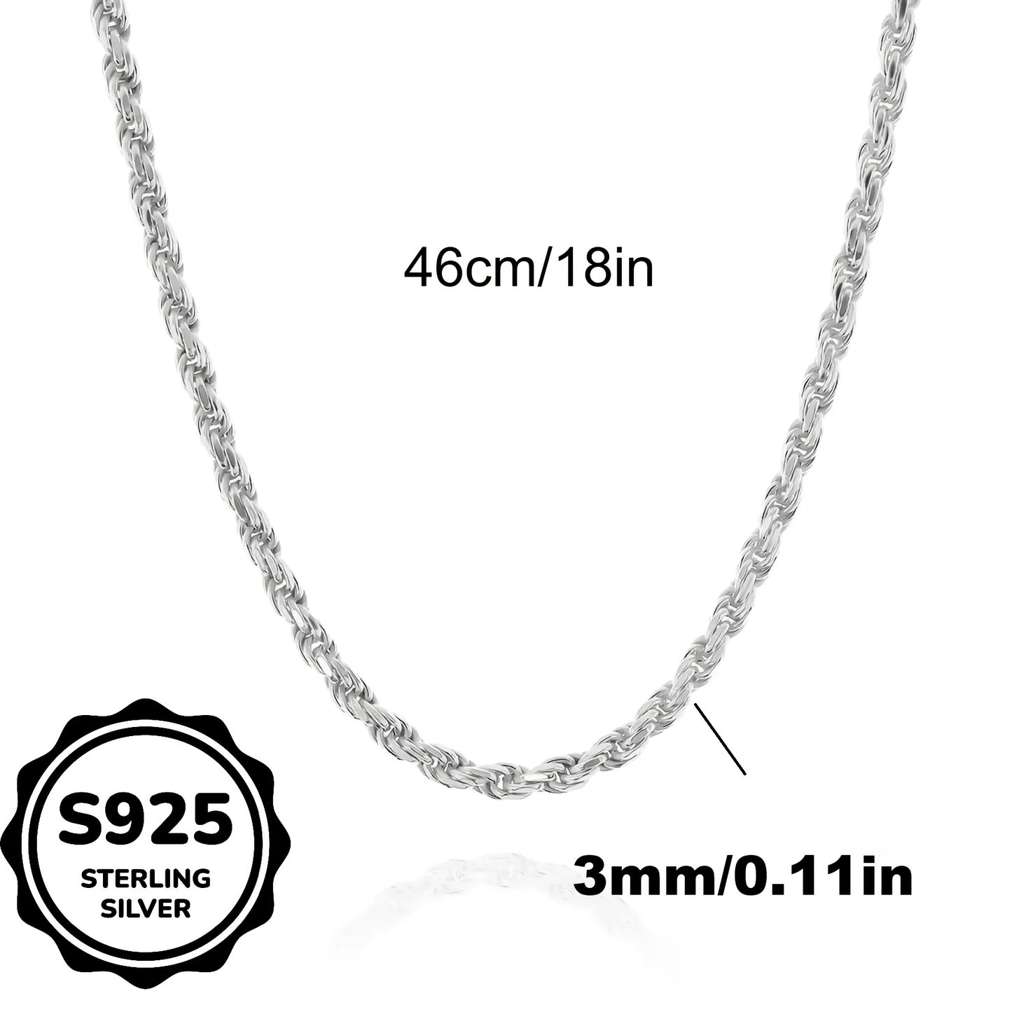 Sterling Silver Necklace, 3mm Woven Rope Chain Gift Box