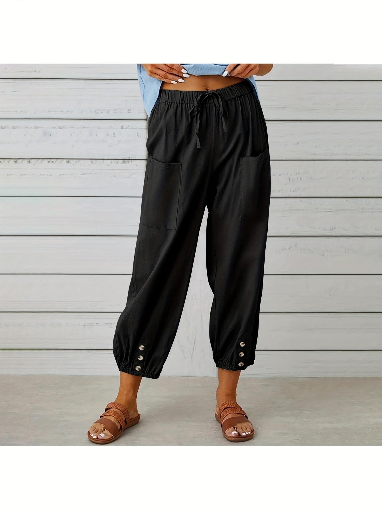 3-Pack Of Loose-Fitting High-Waisted Buttoned Linen Cropped Wide-Leg Unisex Pants With Pockets For Easy Outings