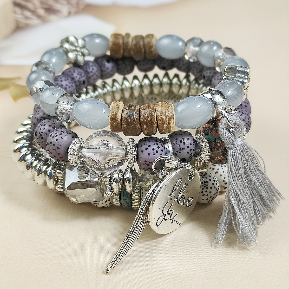 4 Pieces Set Bohemian Wing Round Tassel Multilayer Glass Beads Retro Bracelet for Women Leisure Vacation Jewelry Gift