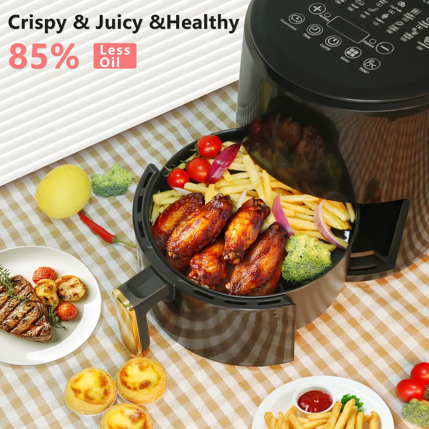 Air Fryer 6.5QT, Smart Home Visual Touch Screen Electric Fryer Oil-free Multifunctional Potato Chip Oven Crispy Skin, Baking, Reheating, Baking Fast and Easy To Eat White&black