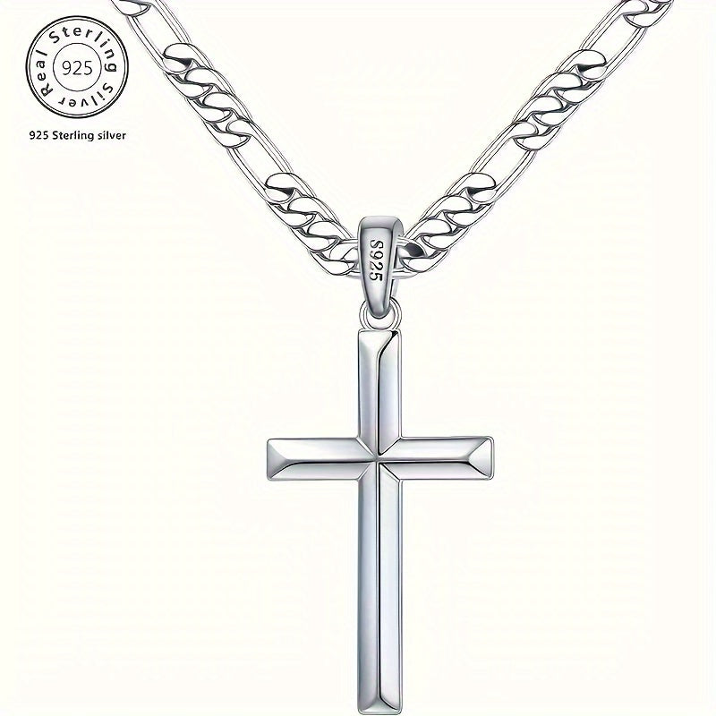 925 Sterling Silver Cross Necklace - Figaro Chain, Suitable for Men & Women, Ideal for Anniversaries, Birthdays, Holidays - Includes Gift Box