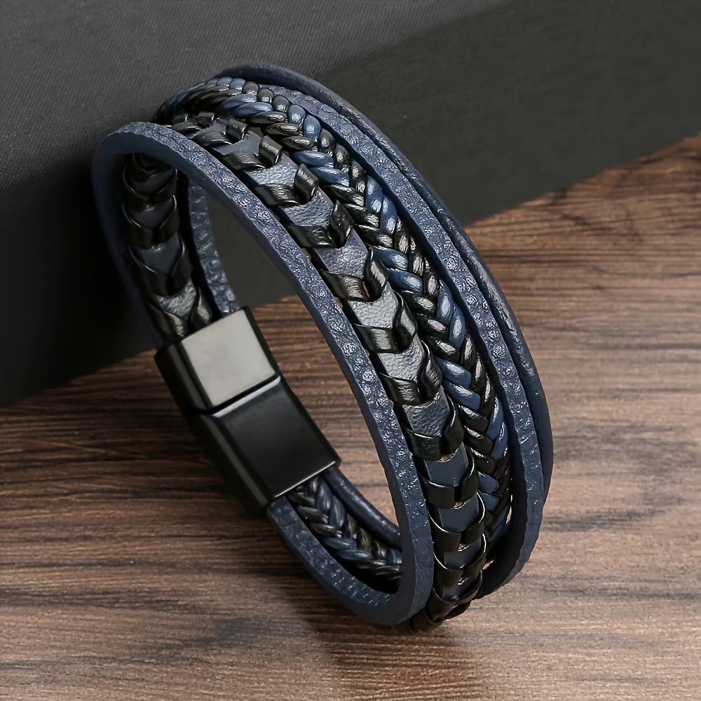 Classic Steel Double-layer Men's Leather Woven Rope Bracelet