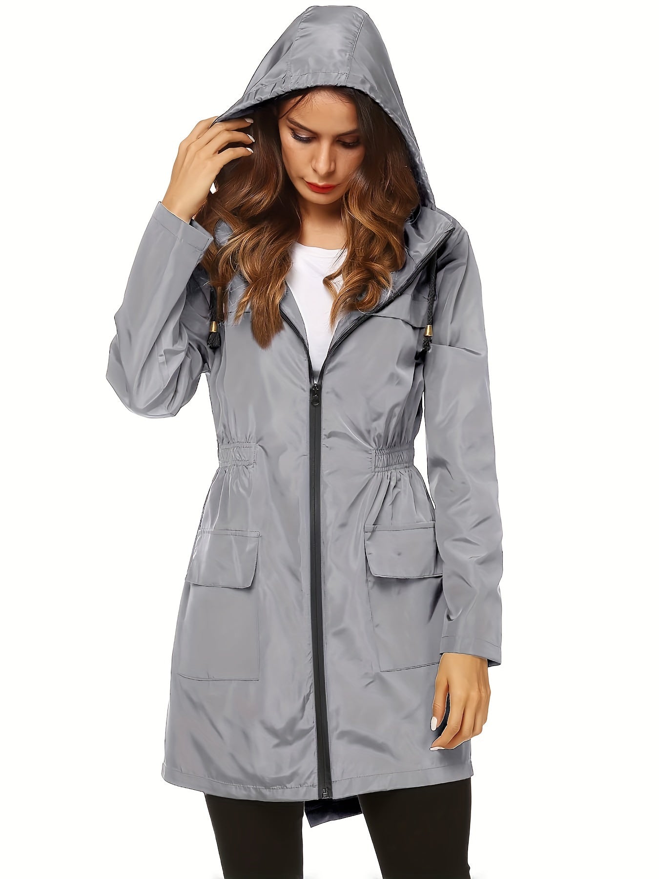 Women's Windproof High Quality Lightweight Hooded Rain Jacket - Adjustable Drawstring Hem & Cuffs, All-Season Casual Outdoor Coat for Hiking, Travel, Daily Commute (Solid Color), Travel Rainwear | Full Length Raincoat | Sleek