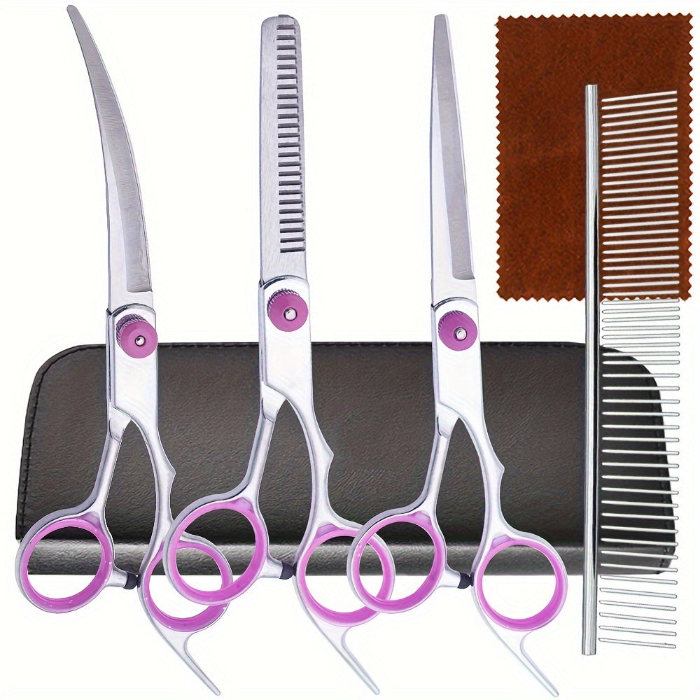 5 in 1 Professional Dog Grooming Scissors Set with Curved Shears and Comb Stainless Steel Right Handed Pet Haircut Kit for Dogs and Cats