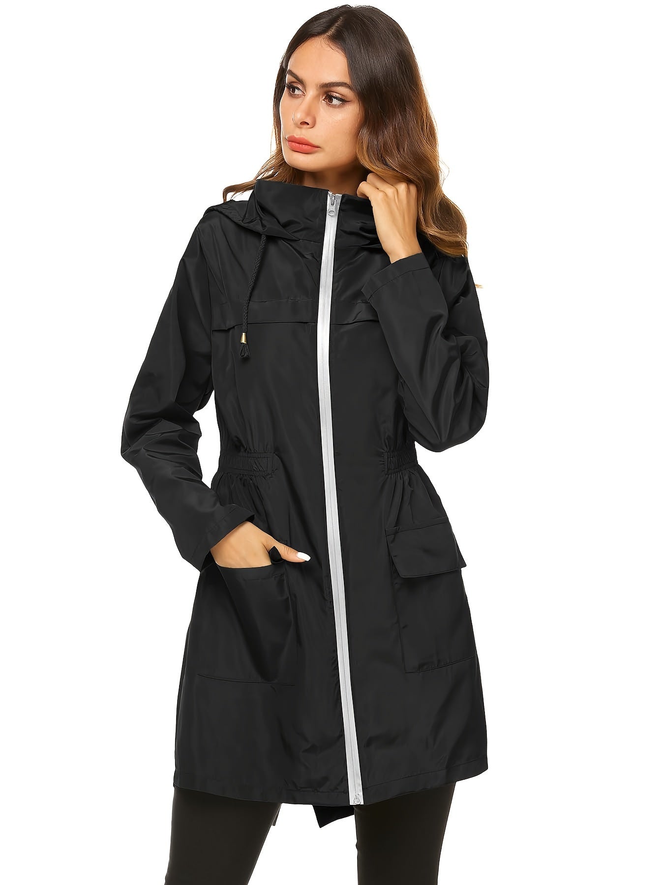Women's Windproof High Quality Lightweight Hooded Rain Jacket - Adjustable Drawstring Hem & Cuffs, All-Season Casual Outdoor Coat for Hiking, Travel, Daily Commute (Solid Color), Travel Rainwear | Full Length Raincoat | Sleek