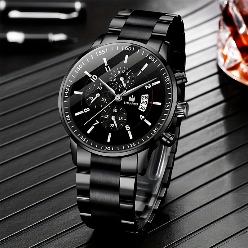 3pc Men's Luxury Round Dial Steel Strip Quartz Watch - Personalized