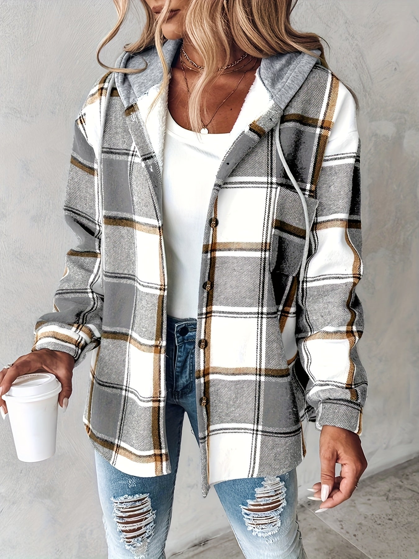 Chicme Women's Hooded Fleece-Lined Plaid Shacket Jacket