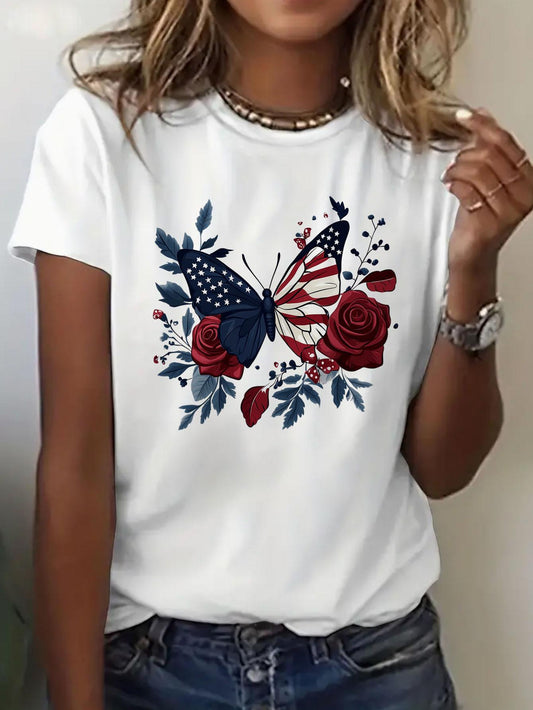 Womens Crew Neck Fashionable Heart Print T-Shirt Casual Top