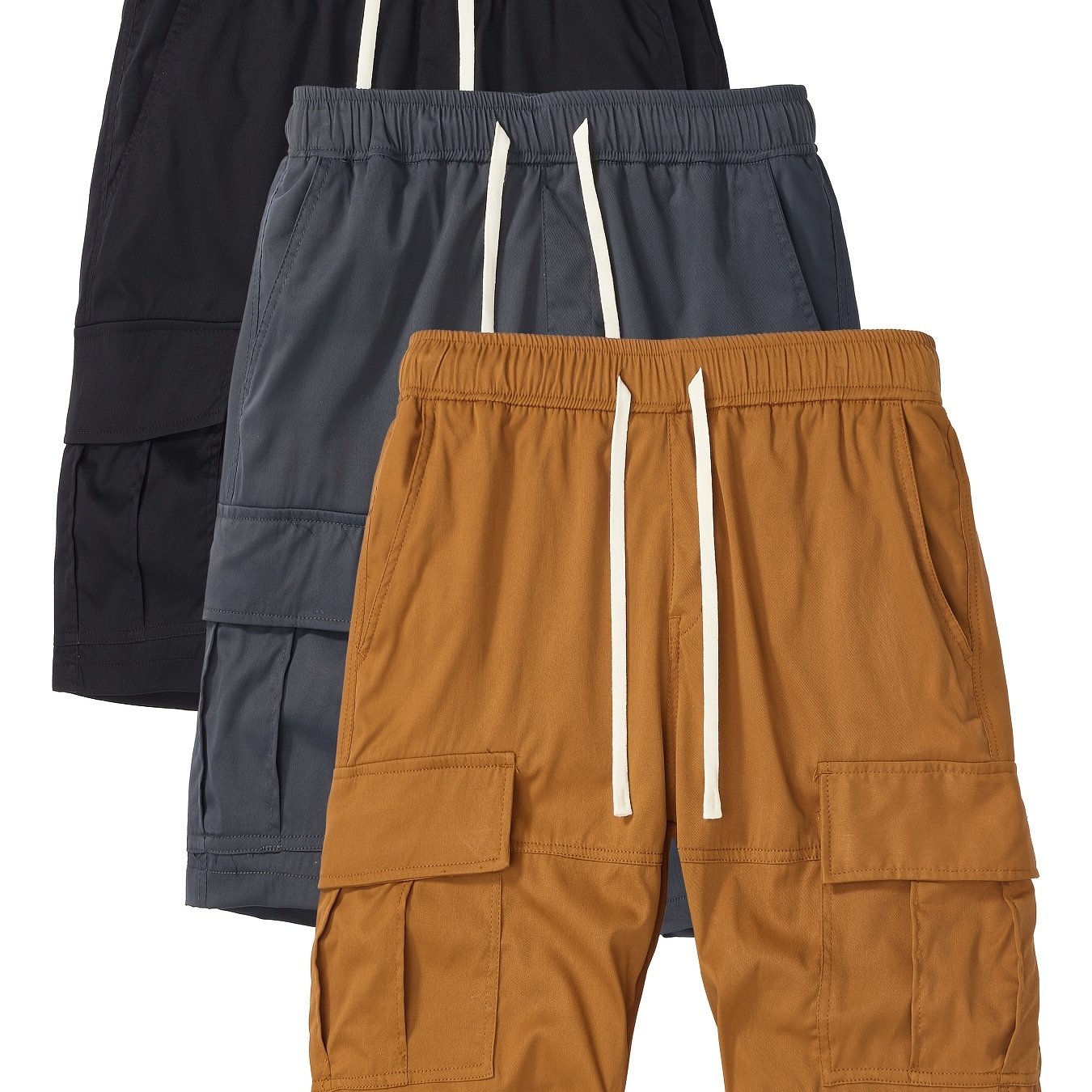 3 Piece Men's Outdoor Cargo Shorts with Adjustable Drawstring Waist and Multiple Pockets Loose Fit Casual Shorts for Hiking Running Spring Summer Fall Black Dark Gray Tan