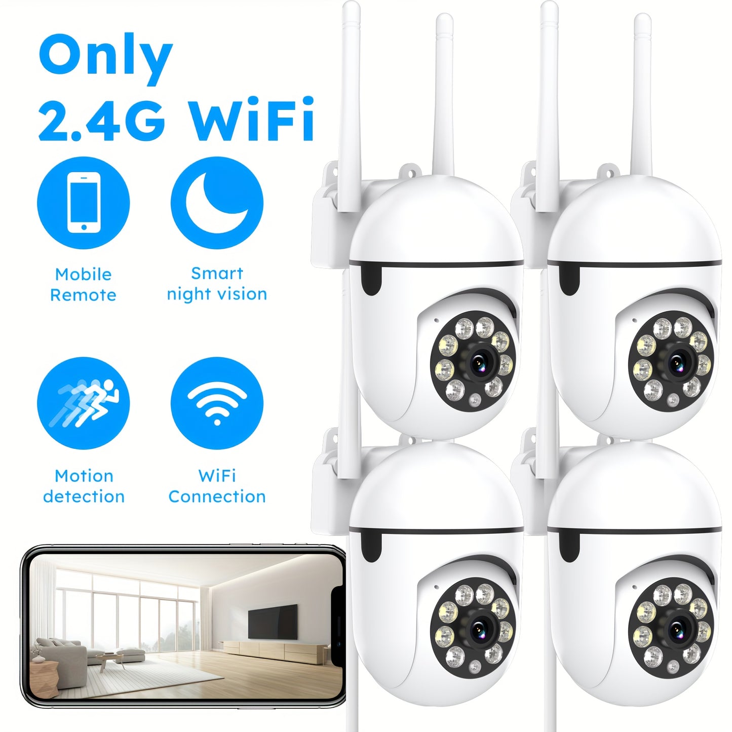 4 Pieces 1080P Security Camera With Full Color Night Vision Wireless 2.4G WiFi HD Video Indoor Outdoor Camera 2 Way Audio Smart Home Camera With Pan Tilt Zoom And Motion Tracking Ideal For Elders And Pets USB Powered