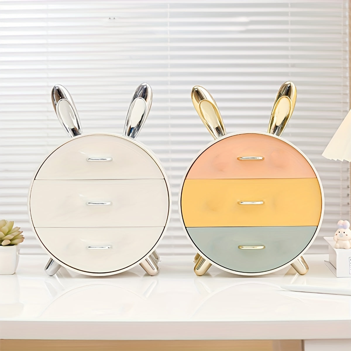 1pc Large Capacity Rabbit Decor Makeup Storage Case Multi-functional Cosmetic Organizer with Drawer Vanity Decor Skincare Stationary Container