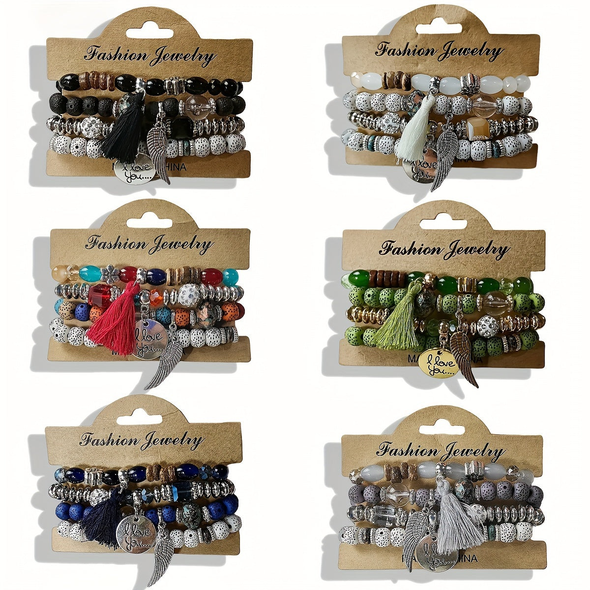 4 Pieces Set Bohemian Wing Round Tassel Multilayer Glass Beads Retro Bracelet for Women Leisure Vacation Jewelry Gift