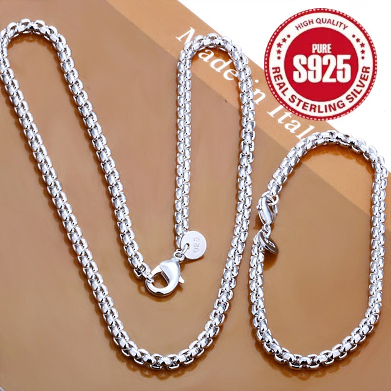 1 Set Men's 925 Sterling Silver Chain Necklace and Bracelet, Hip-Hop Style, Elegant Round Bead, Simple Shiny Chain, Fashion Jewelry Accessories