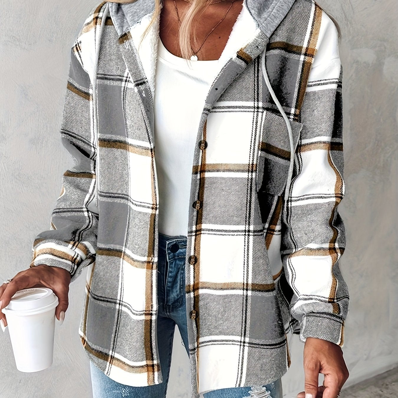 Chicme Women's Hooded Fleece-Lined Plaid Shacket Jacket