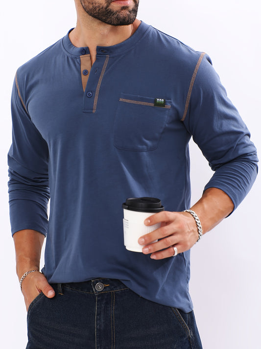 Autumn And Winter New Color Blocking Long-sleeved T-shirt Men's Fashion Collision Line Decoration Open Tube Henley Shirt Fashion Sports Shirt