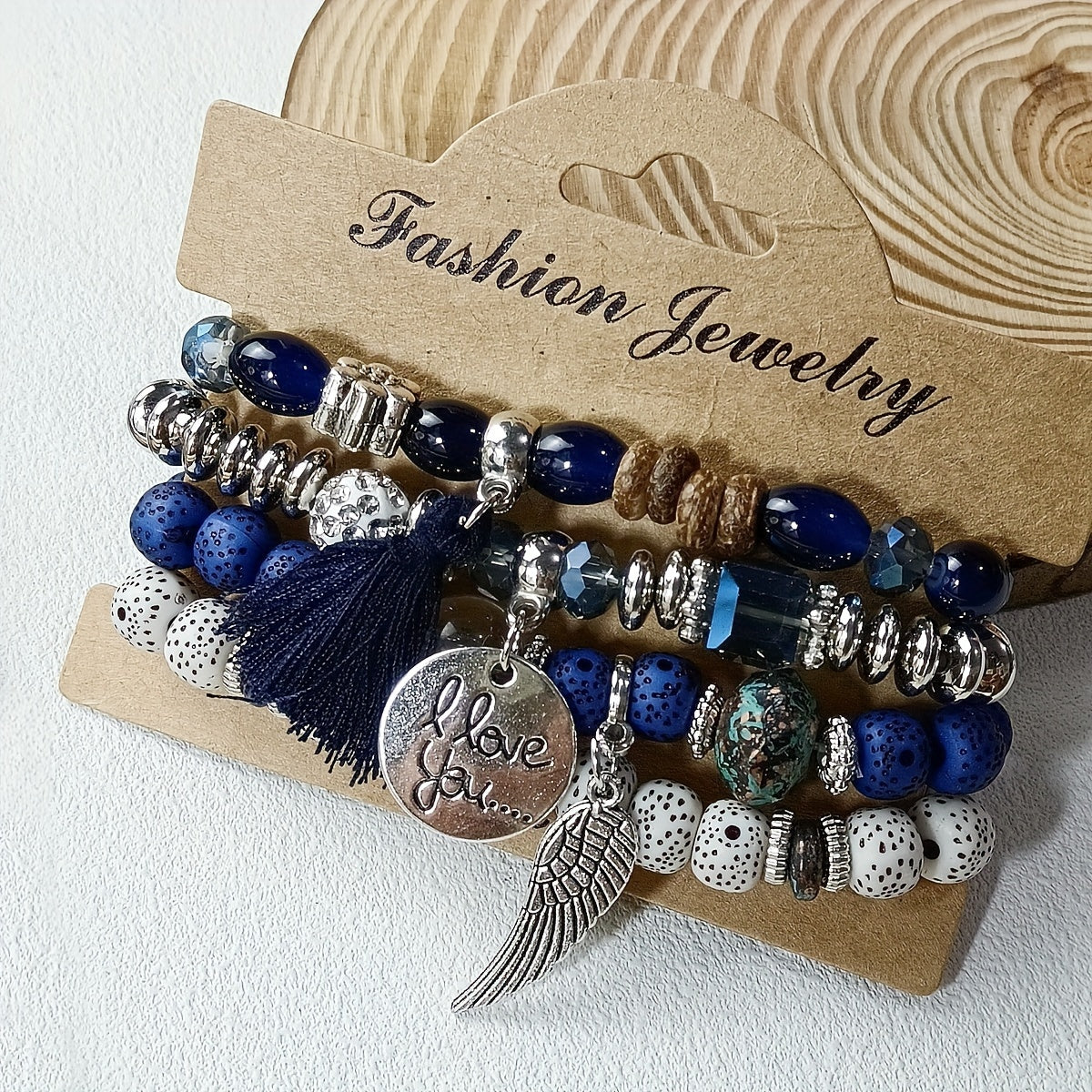 4 Pieces Set Bohemian Wing Round Tassel Multilayer Glass Beads Retro Bracelet for Women Leisure Vacation Jewelry Gift