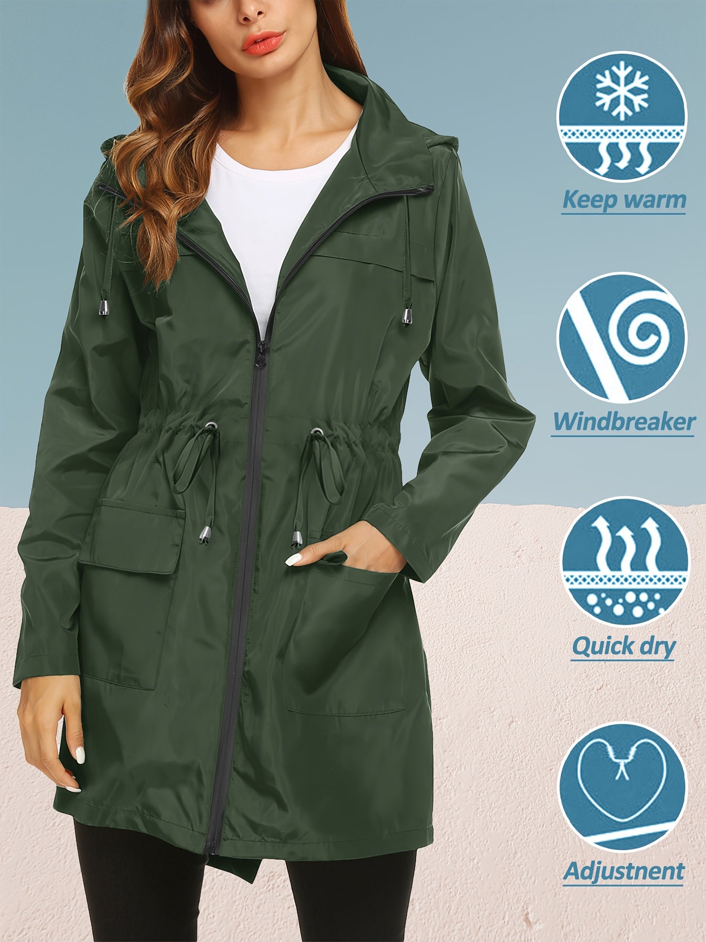 Women's High Quality Lightweight Hooded Raincoat Jacket Navy Blue Full Length Outdoor Sports Coat with Zippered Pockets Adjustable Drawstrings and Elastic Cuffs Machine Washable All Season Wear