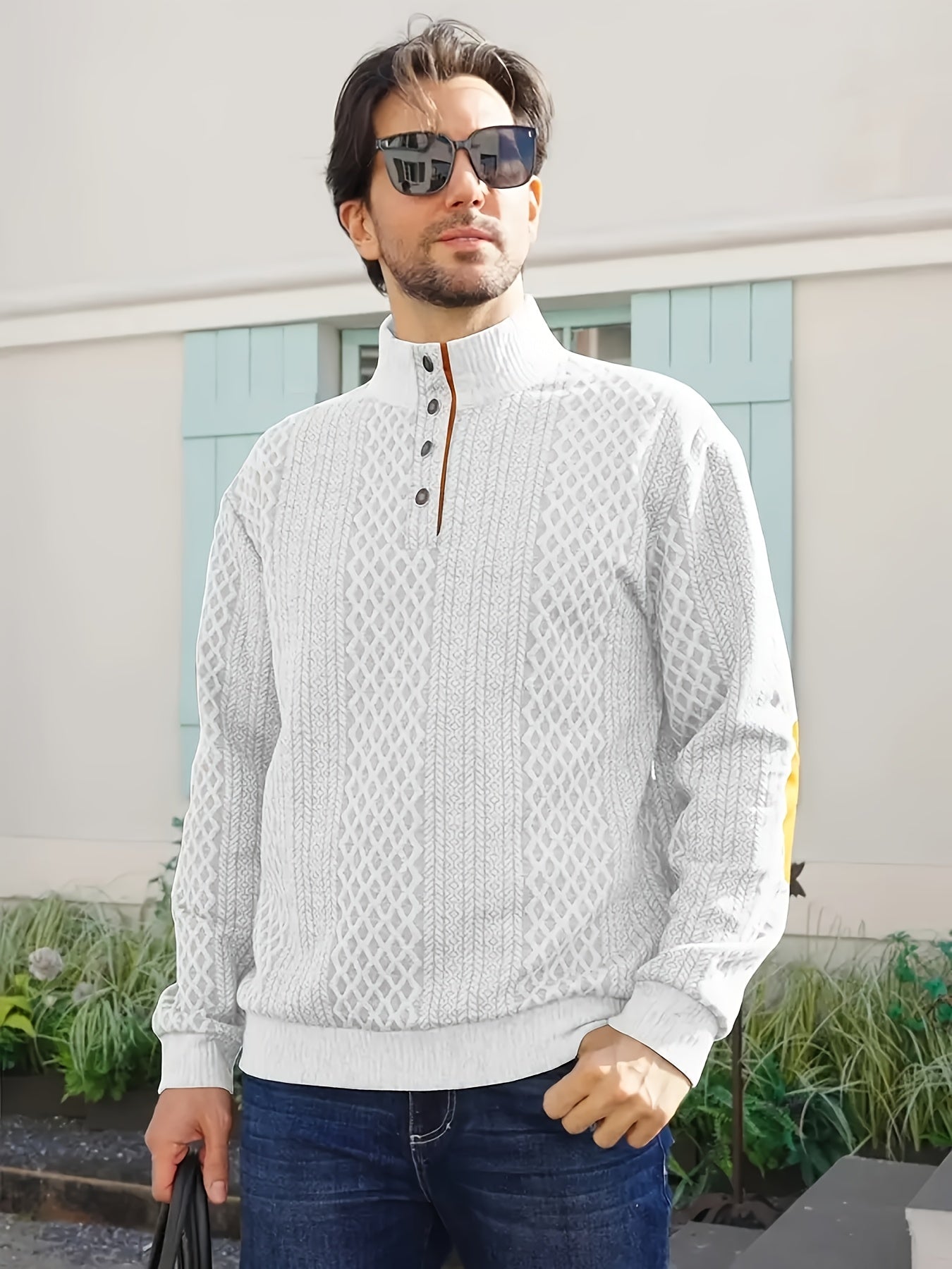 Men's Casual Sporty Diamond - Patterned Knit Jacquard Hoodie with Button Details - Stand - Up Collar, Long Sleeves, Stretch Fabric, Grey with Orange Accents