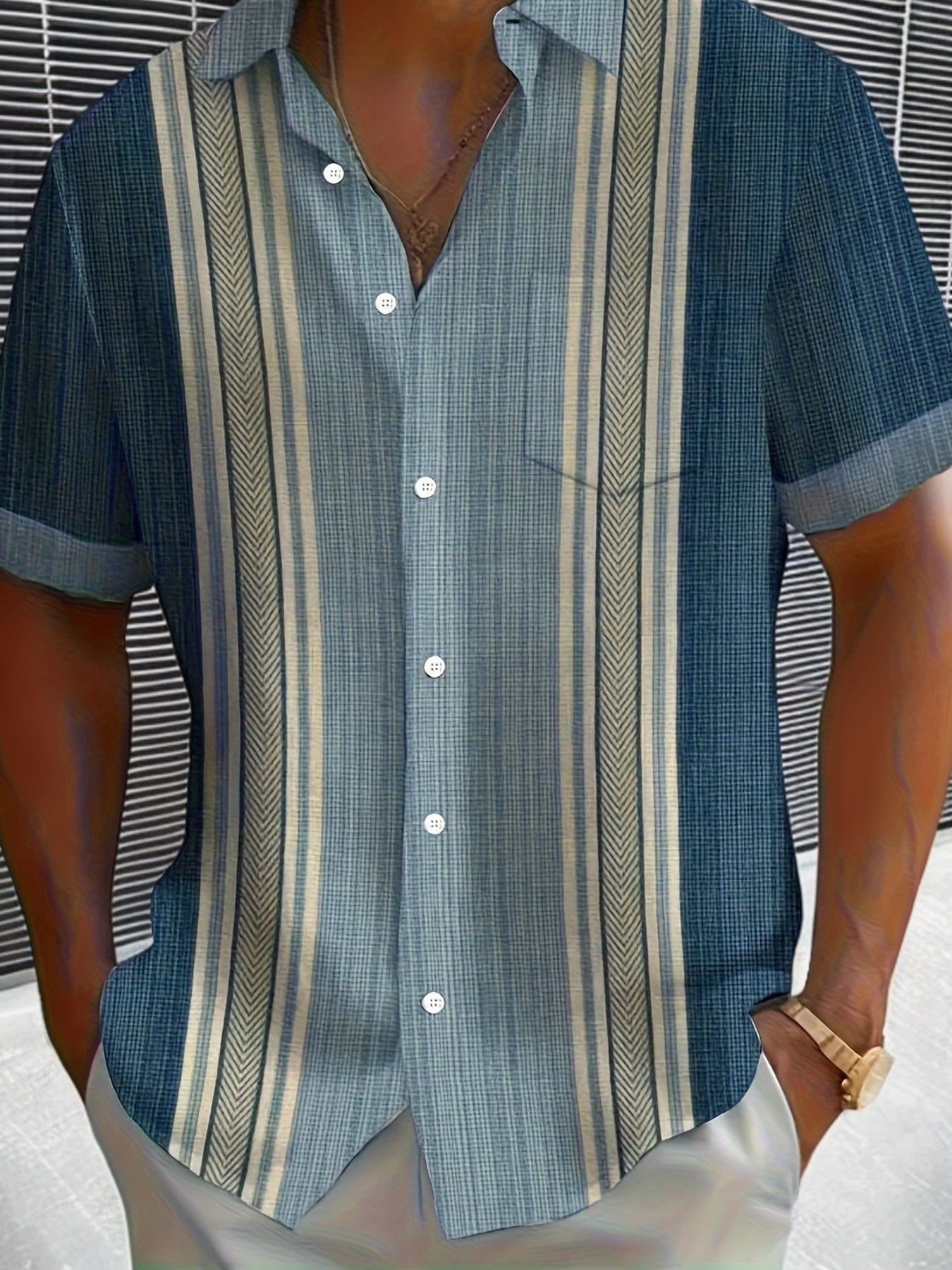 Summer Breathable Men's Short Sleeve Striped Shirt - Casual Button-Up for Vacation & Outdoor Activities