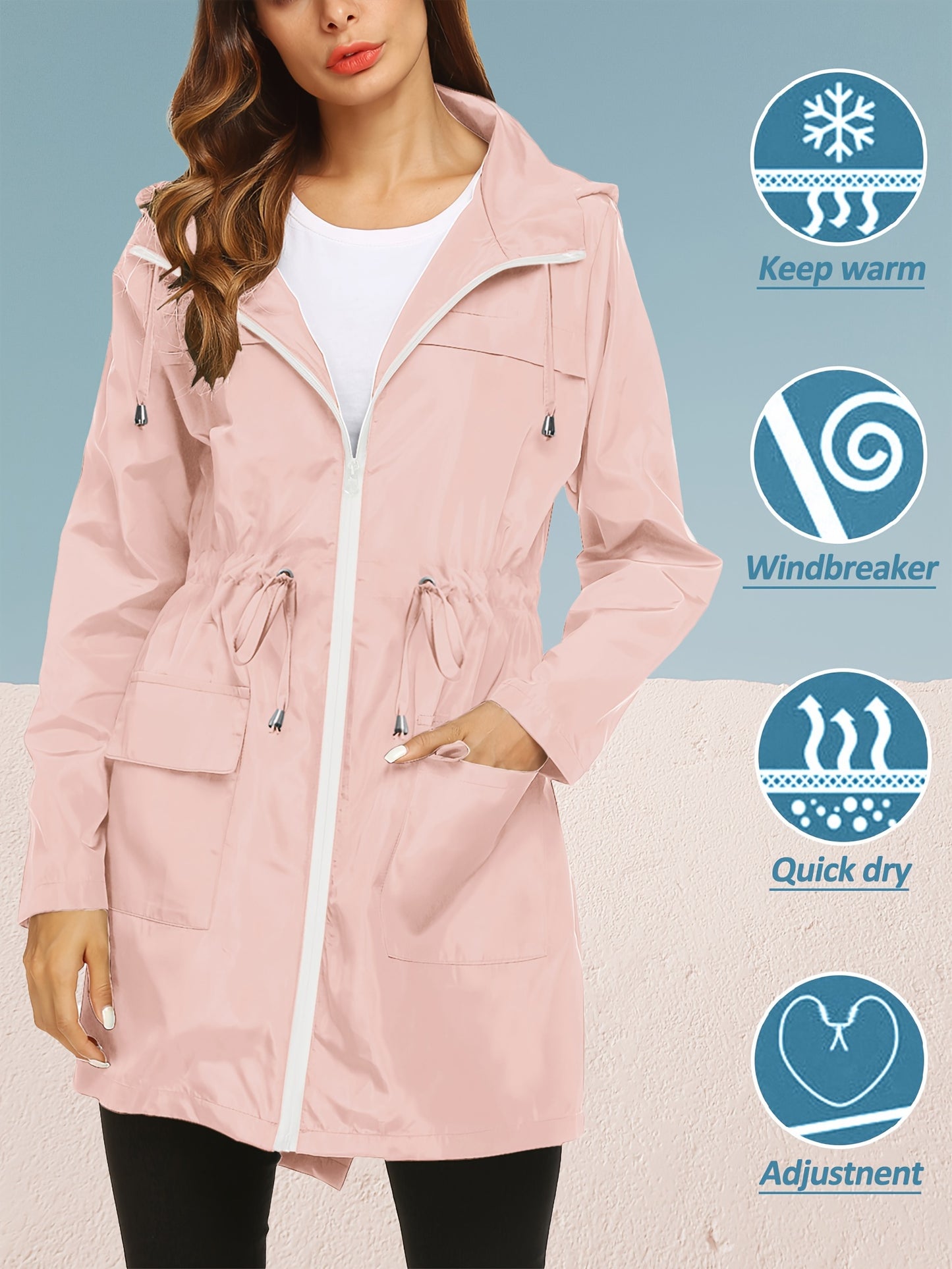 Women's High Quality Lightweight Hooded Raincoat Jacket Navy Blue Full Length Outdoor Sports Coat with Zippered Pockets Adjustable Drawstrings and Elastic Cuffs Machine Washable All Season Wear