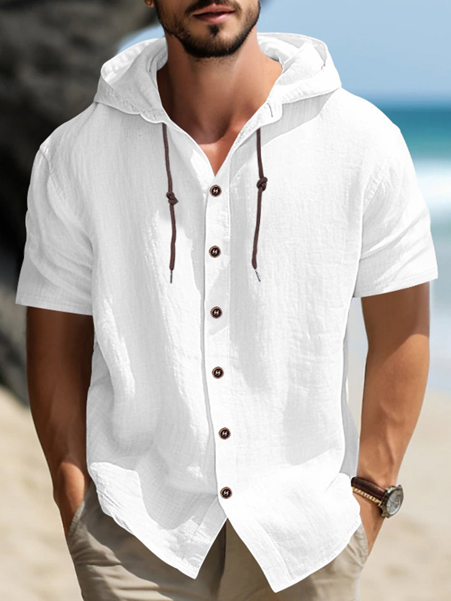 Men Summer Hooded Shirt Casual Solid Color Button Tops