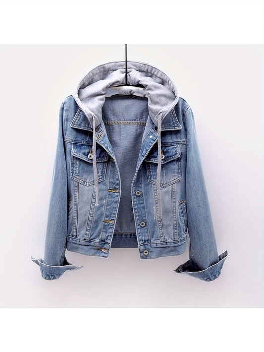 Plus Size Women's Casual Denim Jacket with Detachable Hood