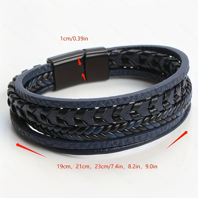 Classic Steel Double-layer Men's Leather Woven Rope Bracelet