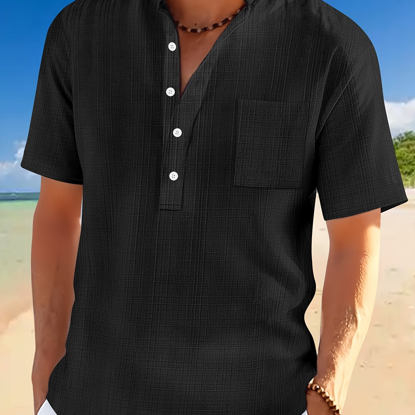 Men'S Solid Color Short-Sleeve Shirt with a Casual Pocket, Perfect for Summer.