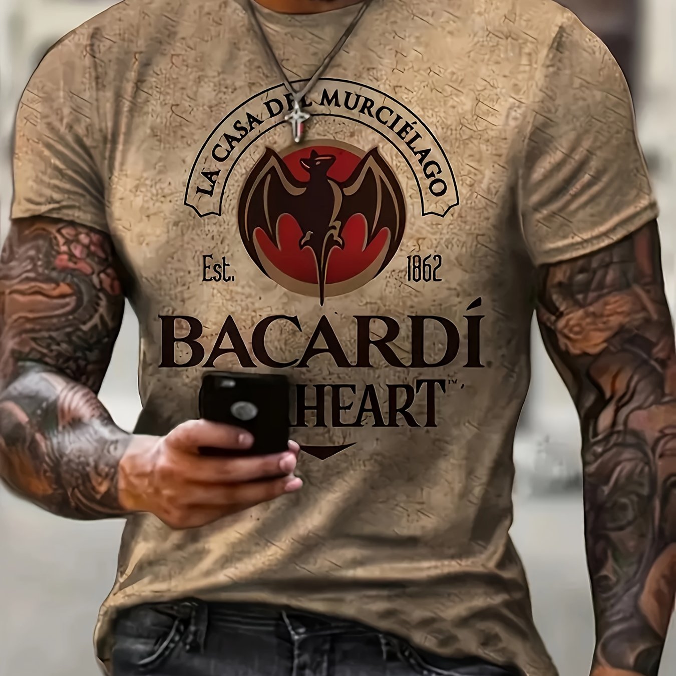Men's Casual T-Shirt Bacardi Bat Heart Vintage Graphic Tee