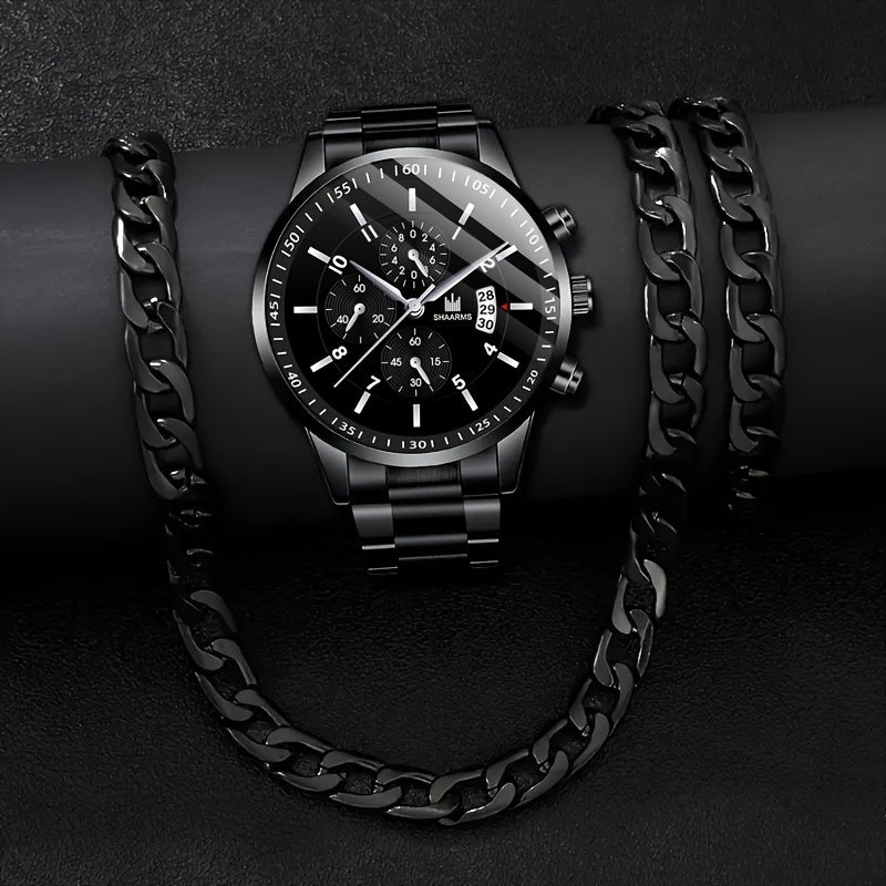 3pc Men's Luxury Round Dial Steel Strip Quartz Watch - Personalized