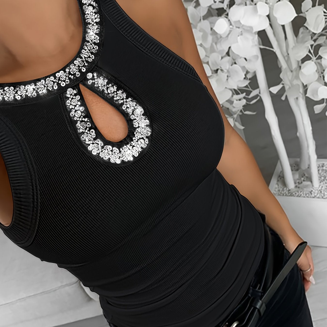 Chic Sleeveless Ribbed Top with Pearl Detail by Global