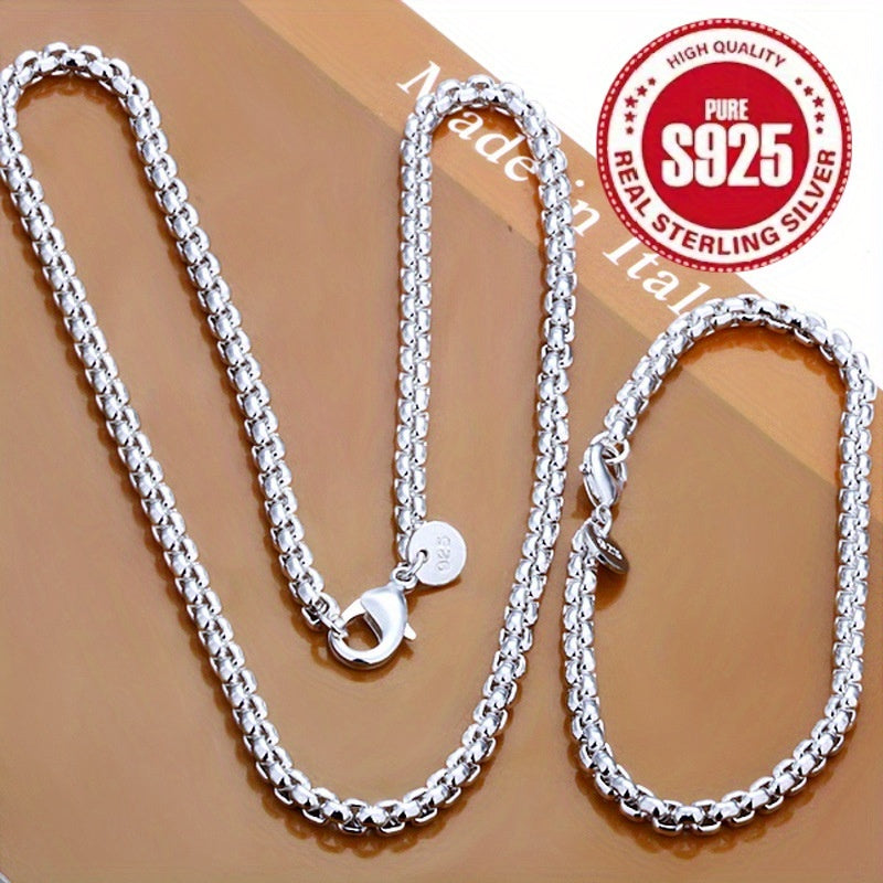 1 Set Men's 925 Sterling Silver Chain Necklace and Bracelet, Hip-Hop Style, Elegant Round Bead, Simple Shiny Chain, Fashion Jewelry Accessories