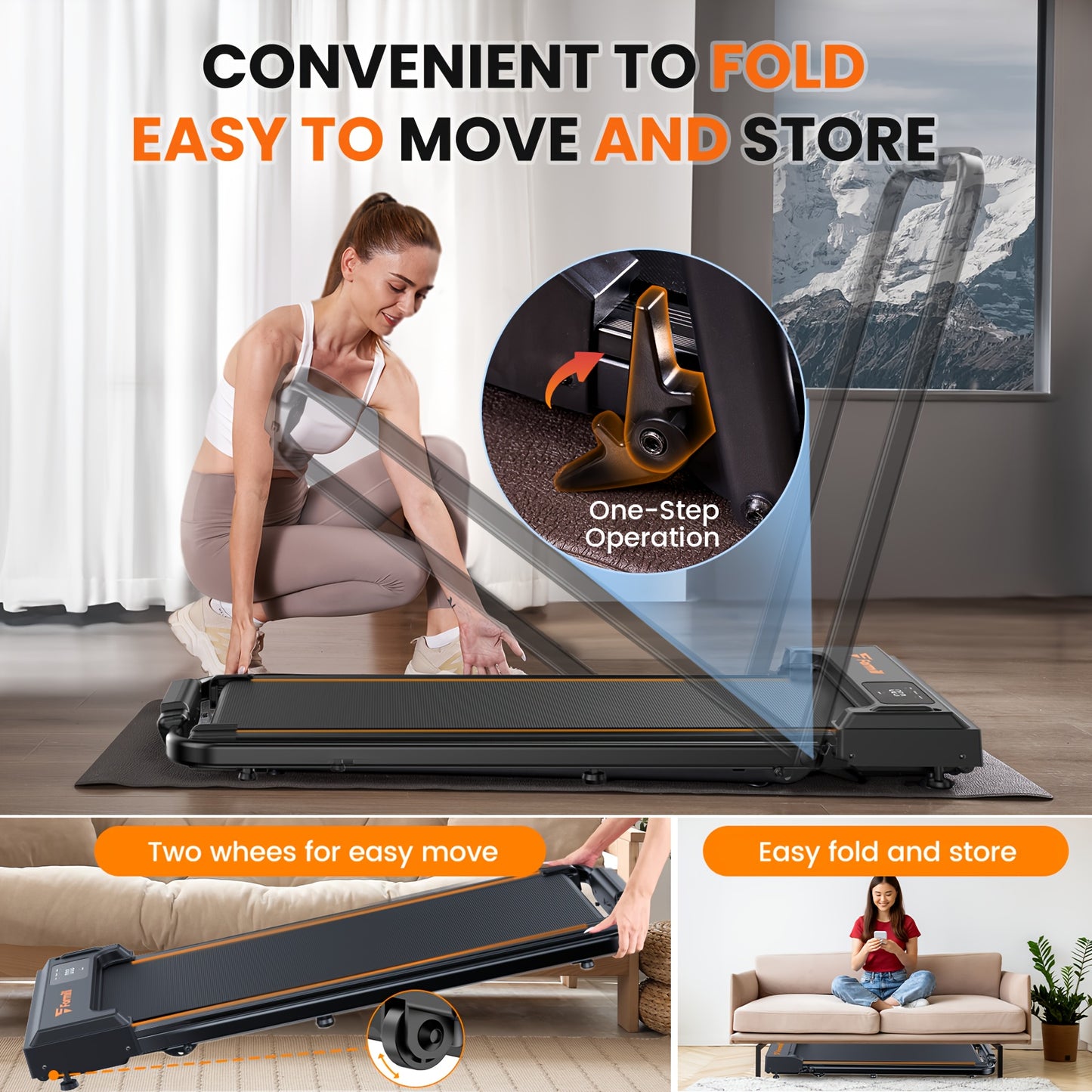 Quiet Portable Home 2.5HP Folding Treadmill with Remote Control