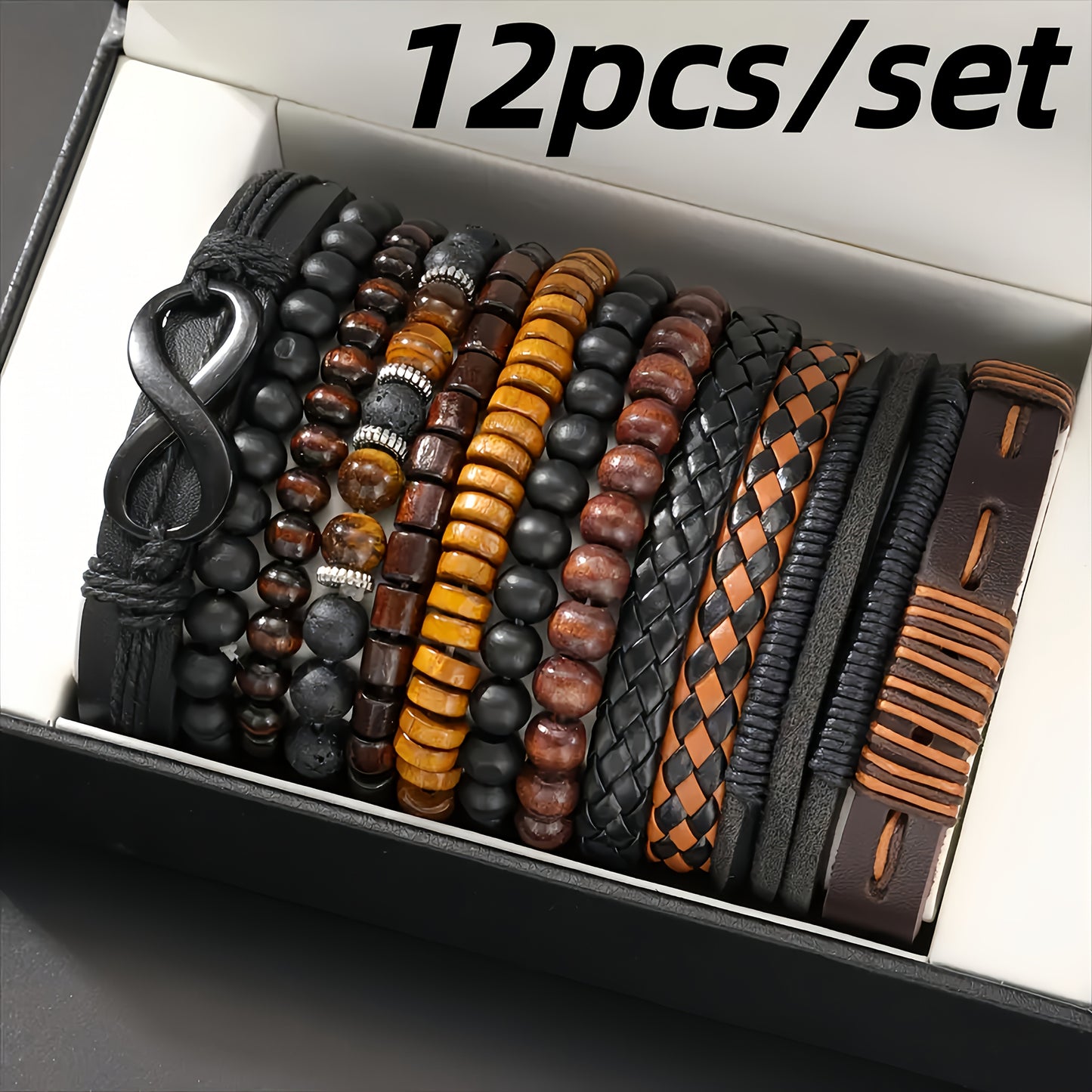 12pcs Bohemian Men's Bracelet Set - Woven Faux Leather Beads