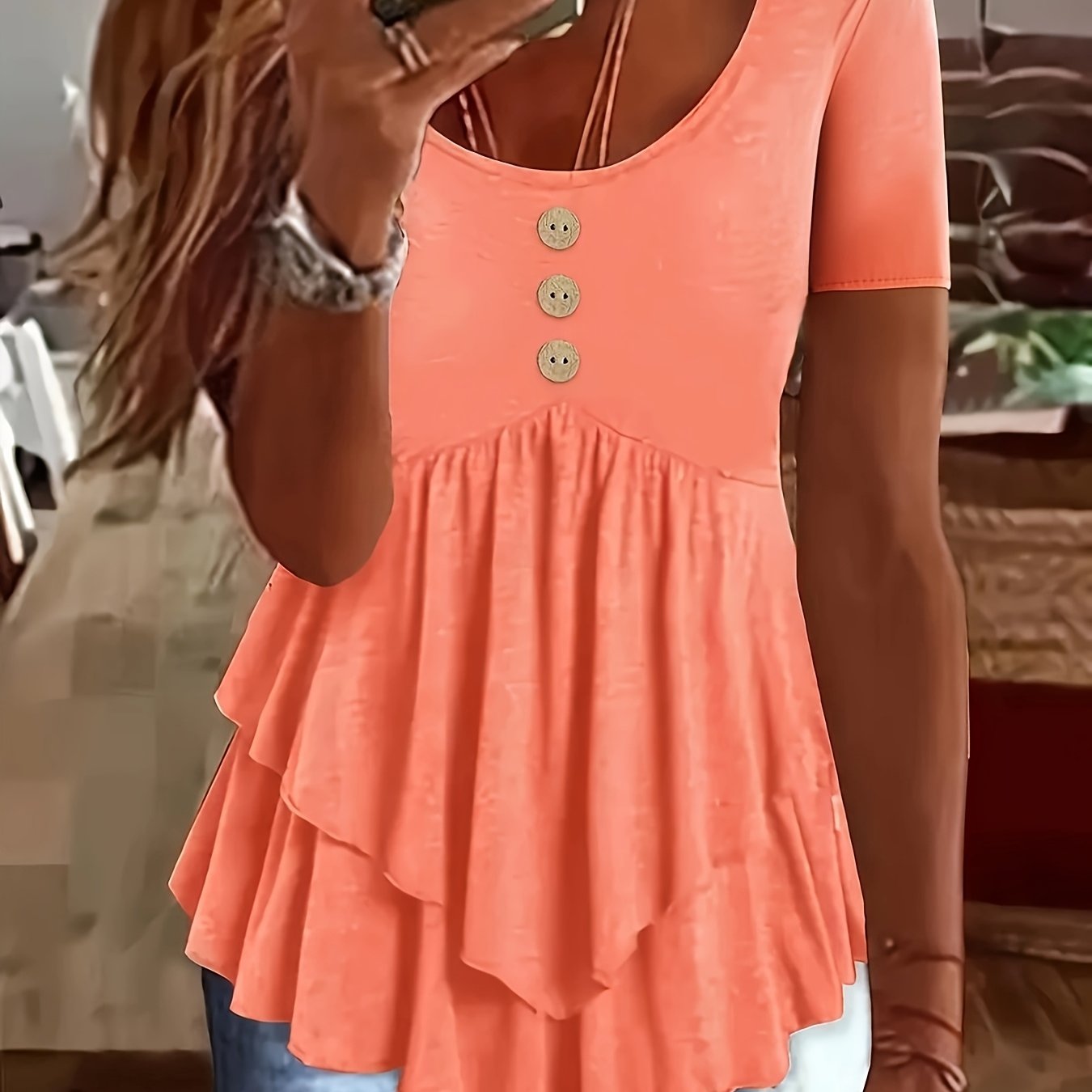 Women's Casual Short Sleeve Crew Neck T-Shirt Solid Color Button Front Flare Top Summer Blouse with Ruffles